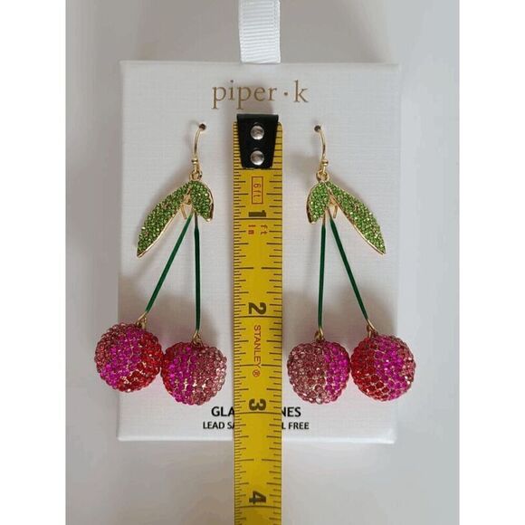🍒 PIPER K Cherry Glass Stones Nickel Free Drop Statement Earrings NEW IN BOX - Picture 10 of 14
